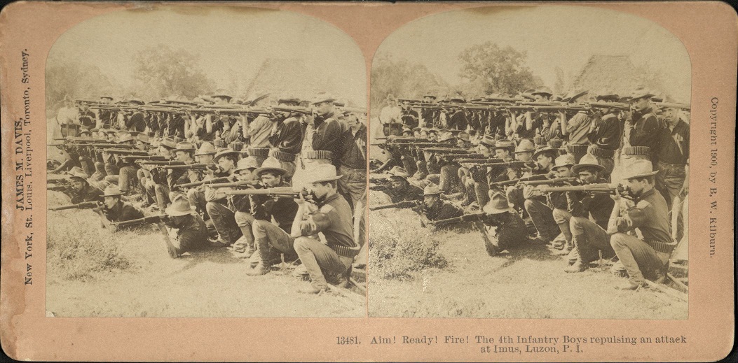 Aim! Ready! Fire! The 4th Infantry Boys repulsing an attack at Imus, Luzon, P. I.